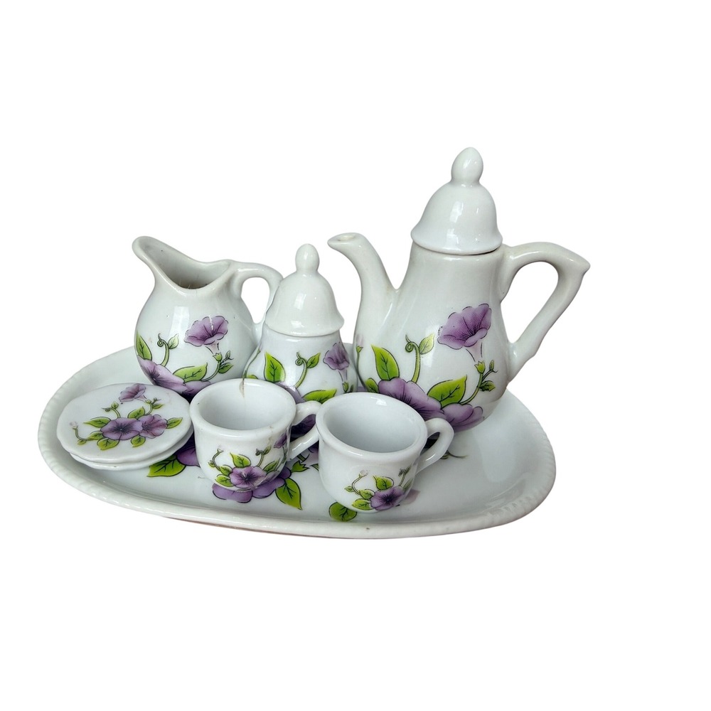 VTG Royal Norfolk Porcelain Mini Tea Set Floral Purple‎ Tray Cups Sugar Creamer